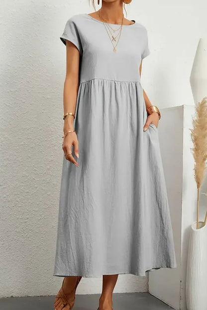 Cotton Linen Short Sleeve Midi Dress