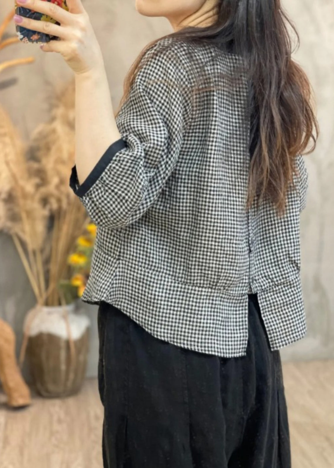 Loose Black Plaid O-neck Patchwork Shirt Bracelet Sleeve