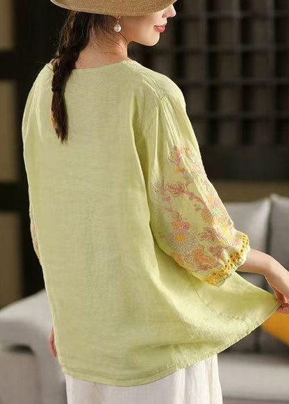 Light Green Embroidered Linen Shirts Bracelet Sleeve