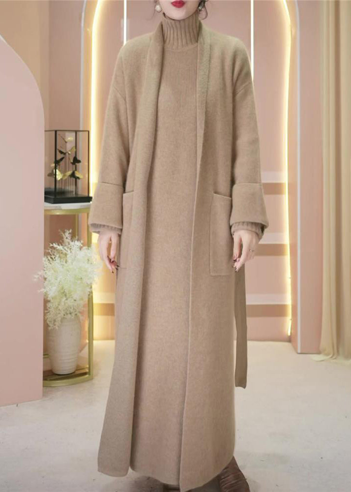 Loose Camel Pockets Woolen Cardigan and Turtleneck Knit Dress Two Piece Set Winter