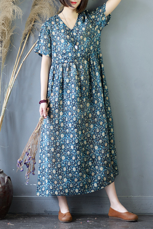Summer Print Ramie Dress Short Sleeve Dress