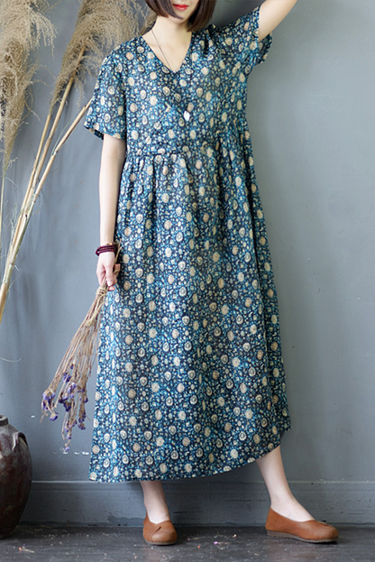 Summer Print Ramie Dress Short Sleeve Dress