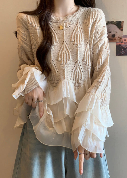 Apricot Ruffled Patchwork Knit Sweater Tops Fall