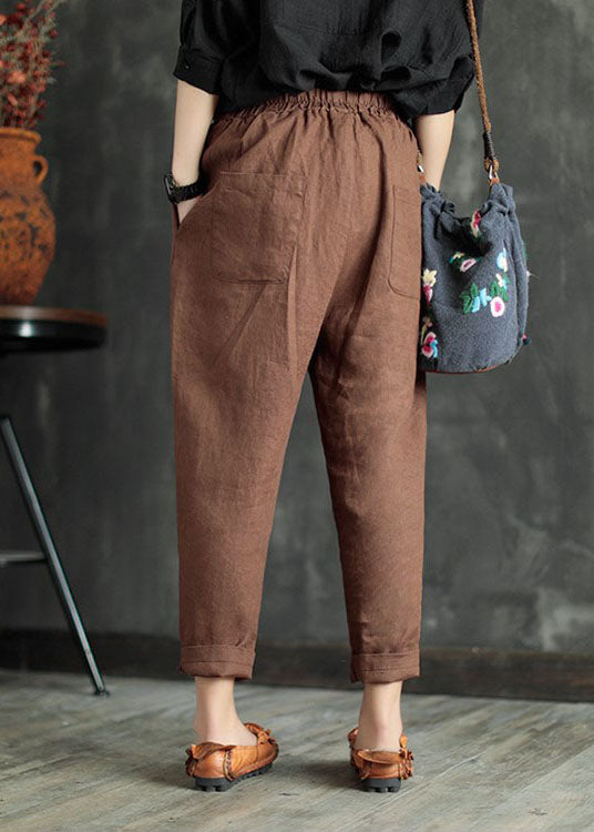 Chocolate Patchwork Linen Crop Pants Elastic Waist Color Summer