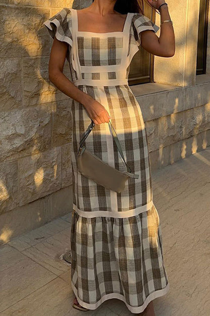 Plaid Patchwork Flounce Square Collar a Line Dresses