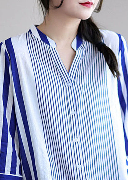 Blue V Neck Striped Cotton Blouses Bracelet Sleeve