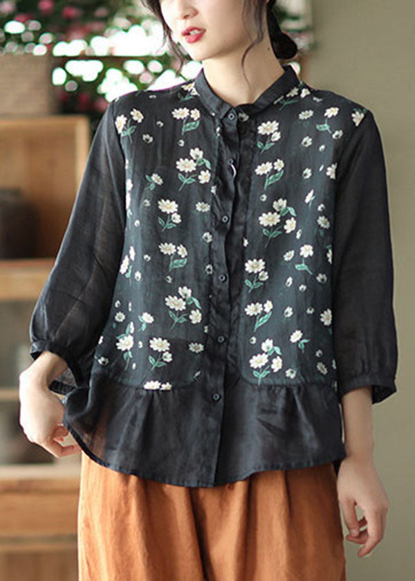 Black Print Patchwork Linen Shirt Three Quarter Sleeve