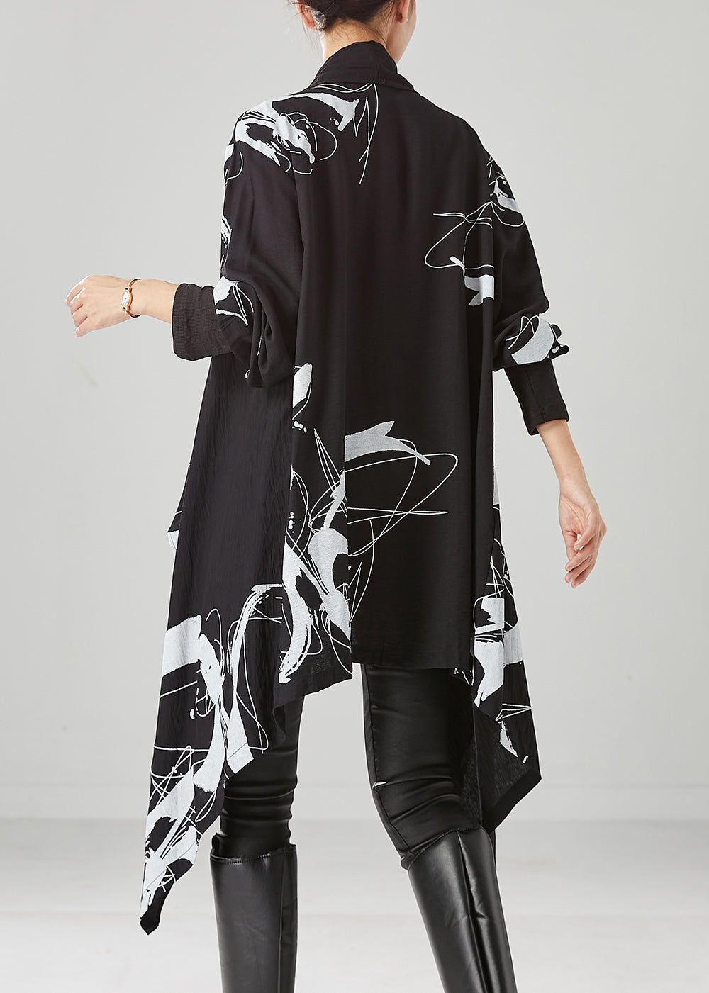 Diy Black Asymmetrical Print Cotton Cardigans Fall