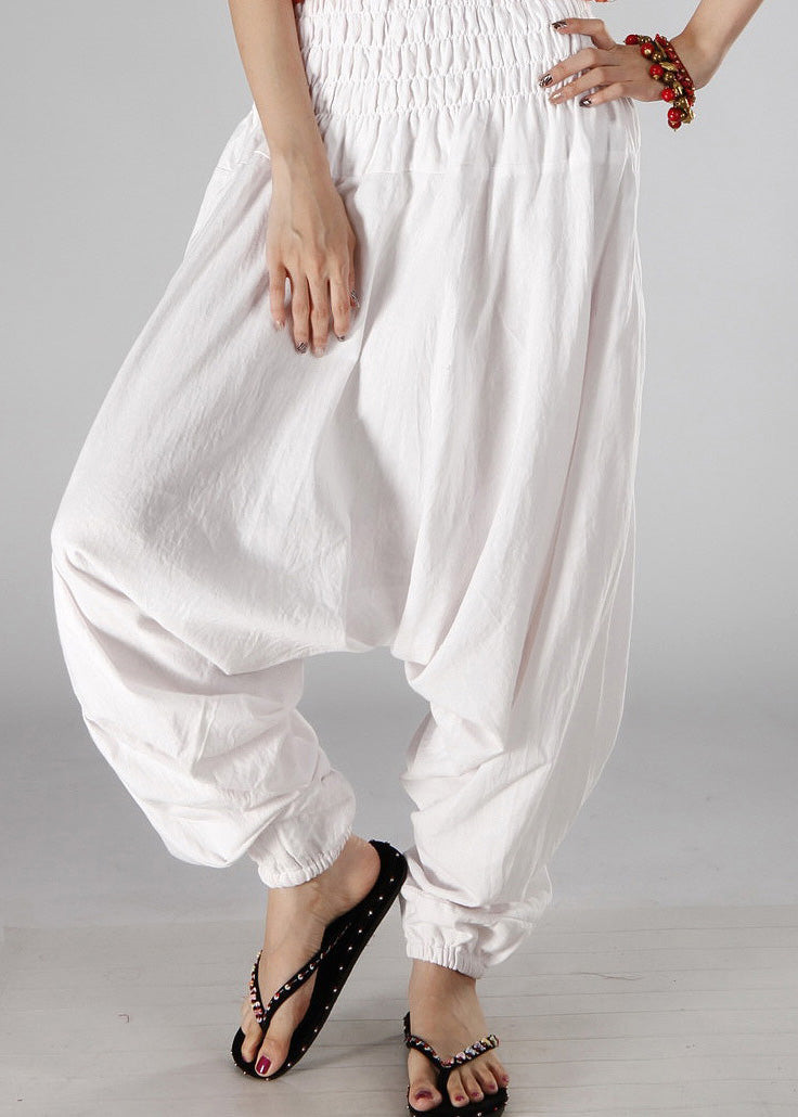 Simple White Elastic Waist Cotton Lantern Pants Summer