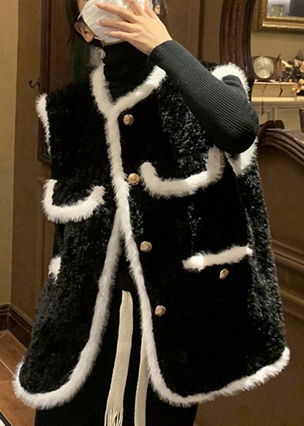 Fitted Black O-neck Pockets Patchwork Faux Fur Vest Sleeveless