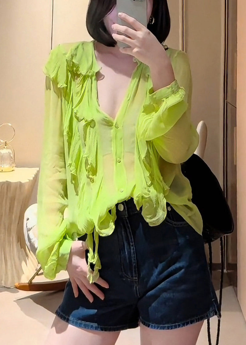 Modern Fluorescent Green Ruffled Chiffon Upf 50+ Top Fall