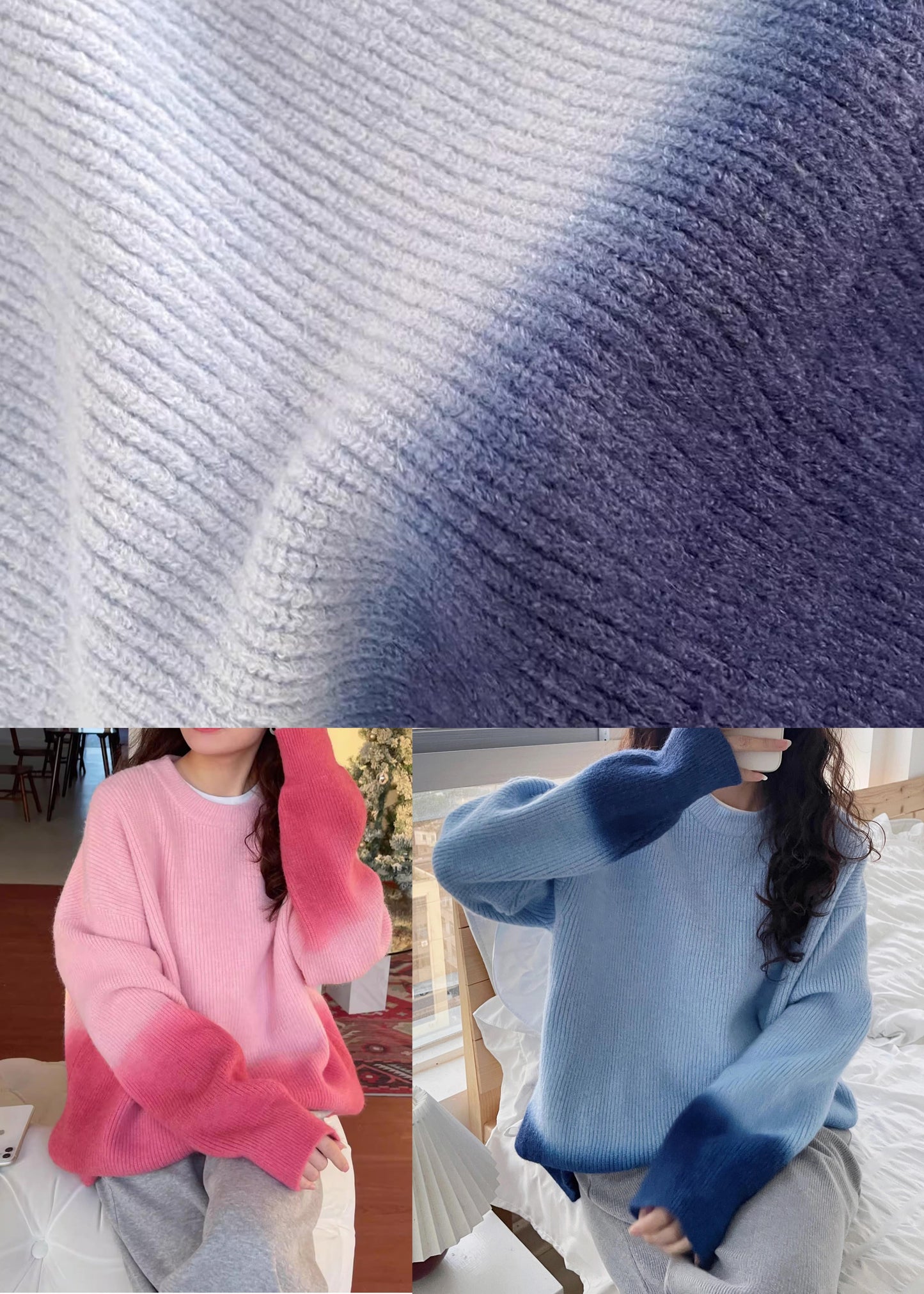 Blue O-neck Cozy Cotton Knit Sweaters Batwing Sleeve