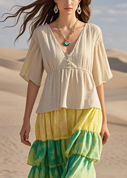Beige Ruffled Patchwork Cotton Dresses Summer