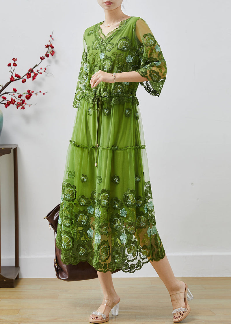 Green Embroidered Tulle Cinched Dress Summer