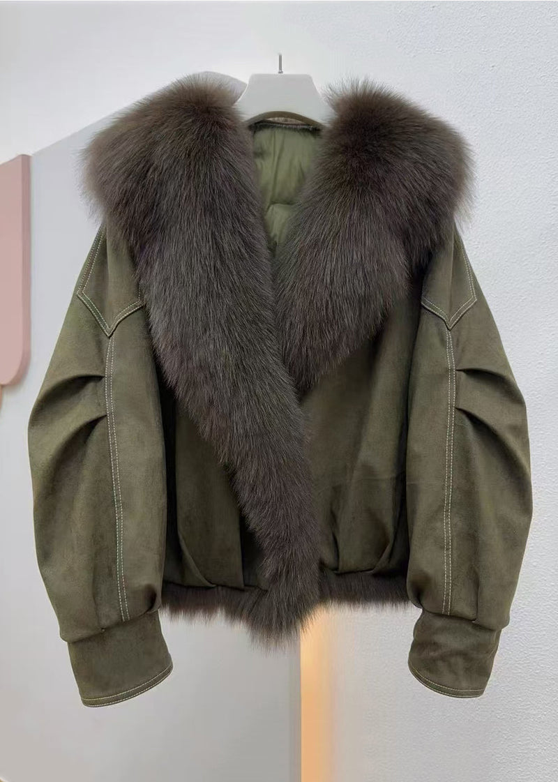 Loose Army Green Fur Collar Patchwork Fine Cotton Winter Coats Winter