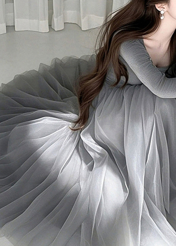 Grey O-neck Tulle Maxi Dress Spring