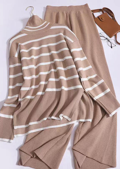 French Khaki High Neck Striped Knit Two Pieces Set Spring