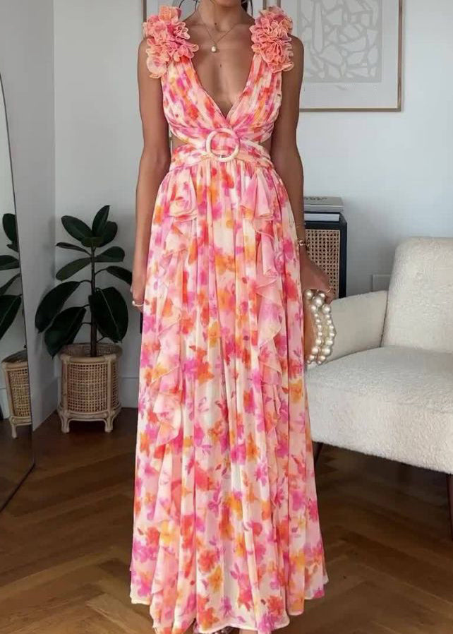 Pink Ruffled Print Lace Up Cotton Maxi Dress Sleeveless