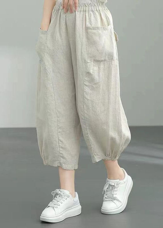Beige Pockets Patchwork Linen Lantern Pants Summer