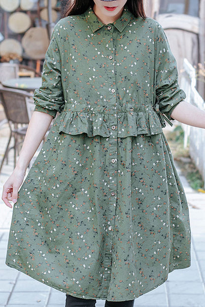 Spring New Retro Cotton and Linen Long-sleeved Printed Shirt Loose Top Dress