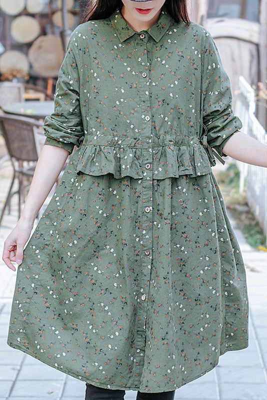 Spring New Retro Cotton and Linen Long-sleeved Printed Shirt Loose Top Dress