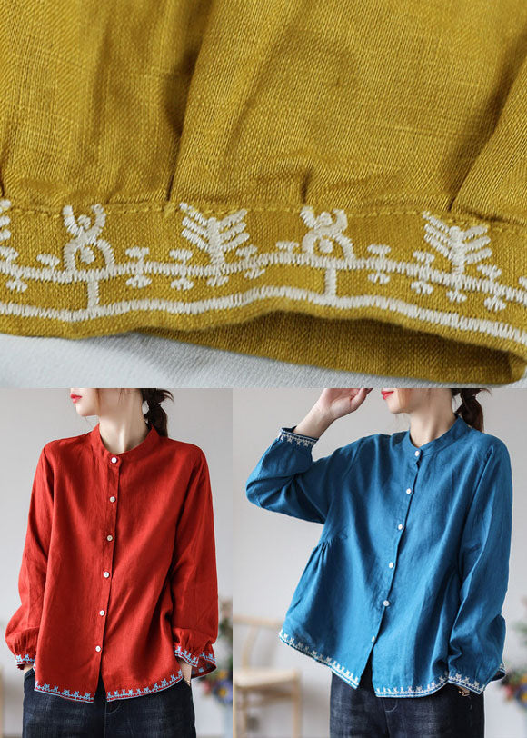 Style Red Embroidered Wrinkled Fall Top Long Sleeve
