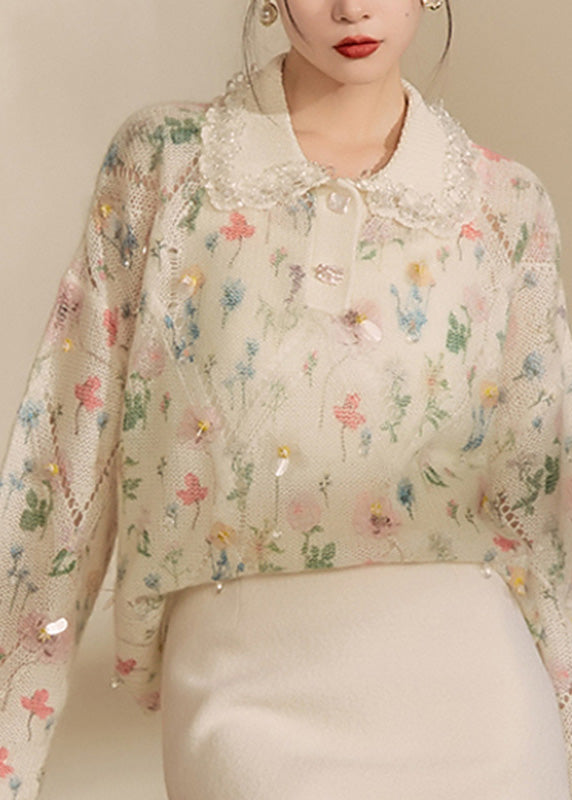 Apricot Peter Pan Collar Print Hollow Out Sequins Cotton Knit Sweaters Winter
