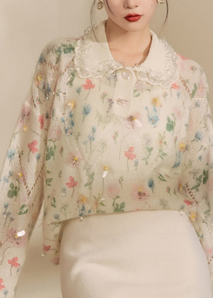 Apricot Peter Pan Collar Print Hollow Out Sequins Cotton Knit Sweaters Winter
