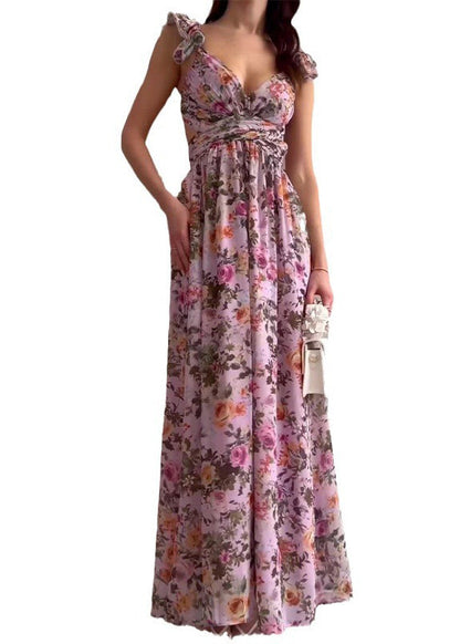 Purple Ruffled Print Hollow Out Chiffon Long Dress Summer