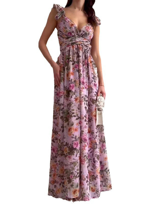 Purple Ruffled Print Hollow Out Chiffon Long Dress Summer
