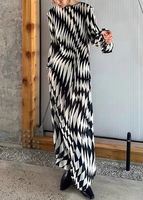 French Plaid O-neck High Waist Chiffon Maxi Dresses Fall