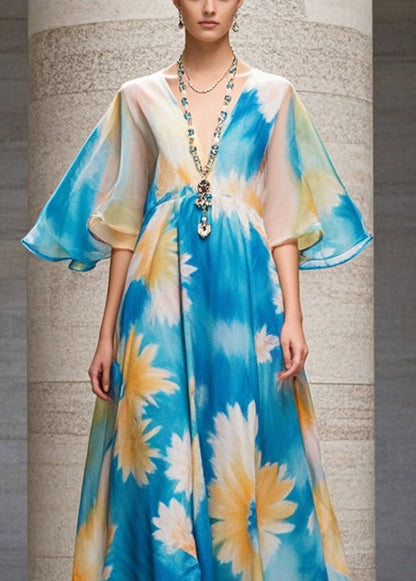 Blue V Neck Print Chiffon Long Dress Summer