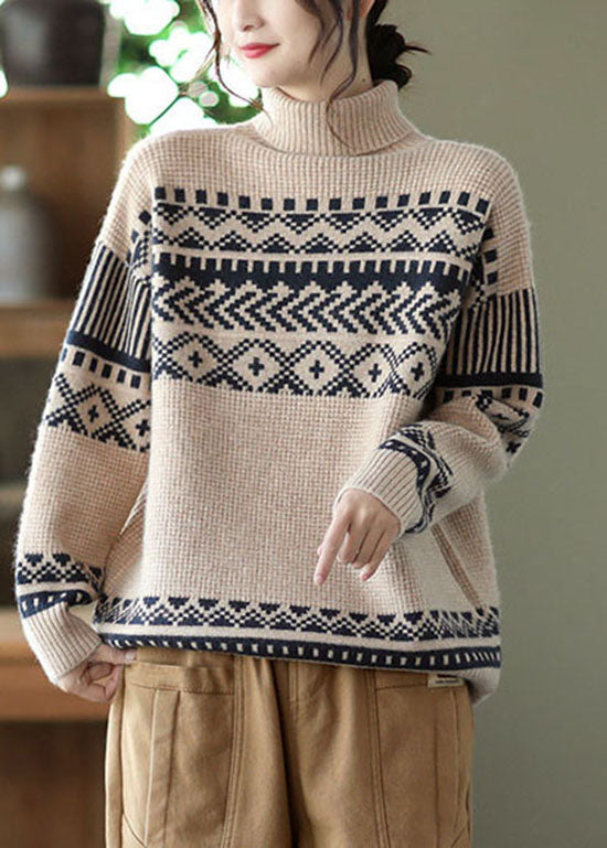 Handmade Apricot Turtle Neck Thick Print Knit Pullover Spring