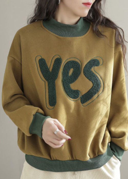 Yellow Embroidered Patchwork Warm Fleece Pullover Sweatshirt Spring