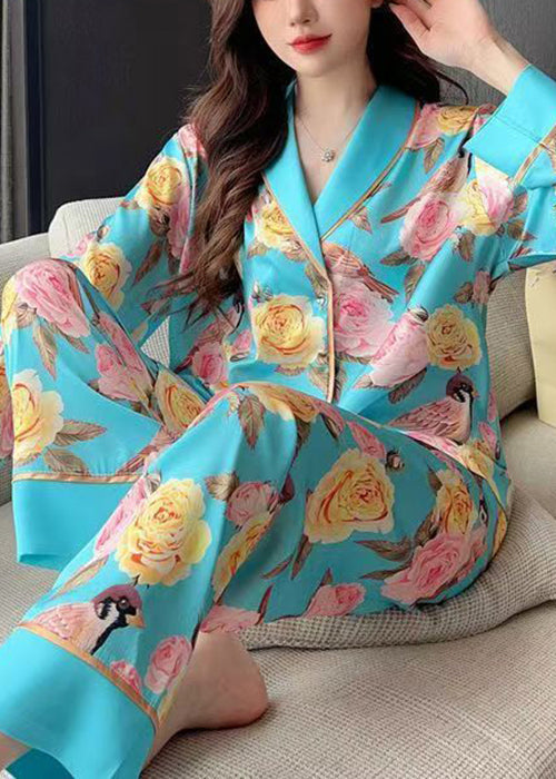 Blue Roses Print Blouses and Pants Ice Silk Pajamas Two Pieces Set Spring