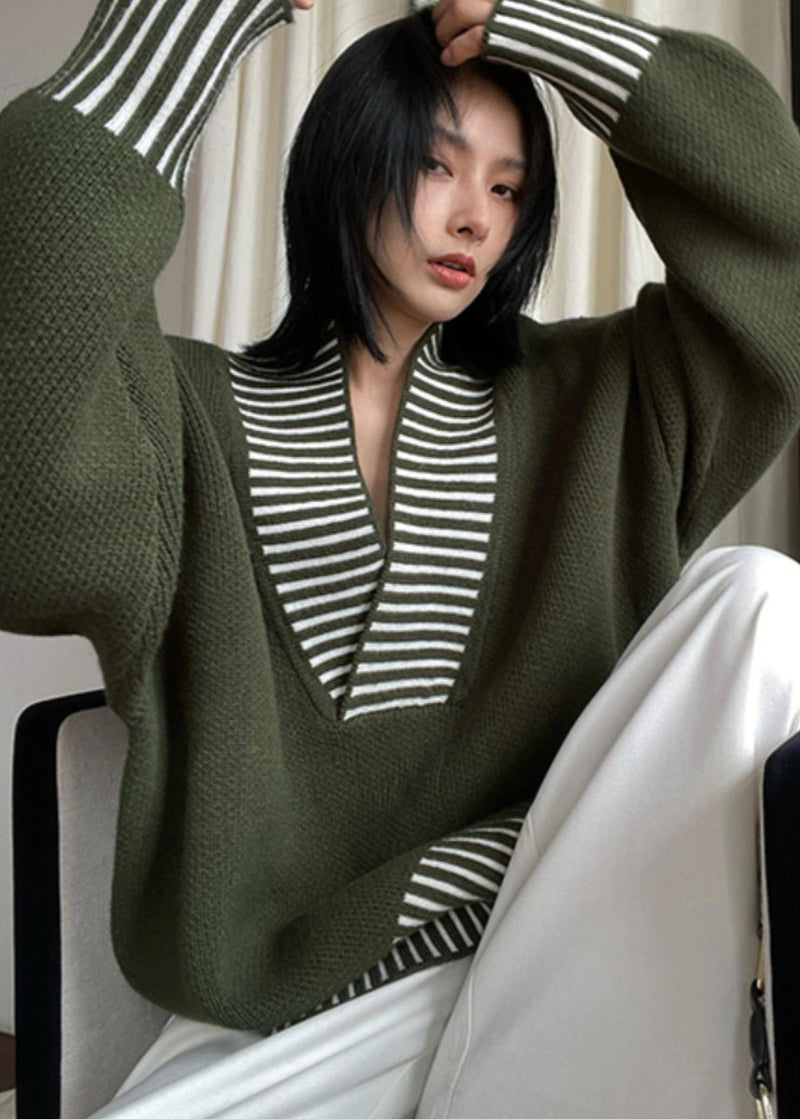 Army Green V Neck Striped Patchwork Knit Sweater Fall