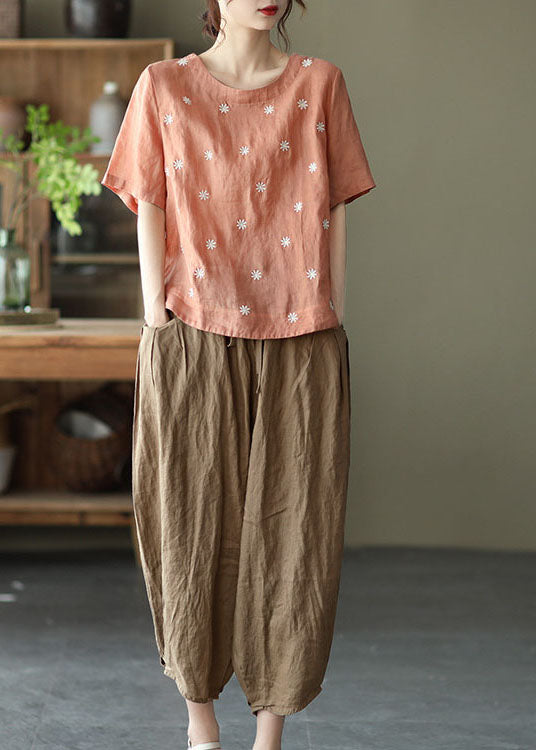 Orange Embroidered Linen Blouses Top Short Sleeve