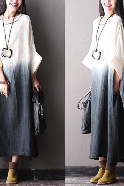 Bat Sleeve Cotton Linen Loose Fitting Long Dresses for