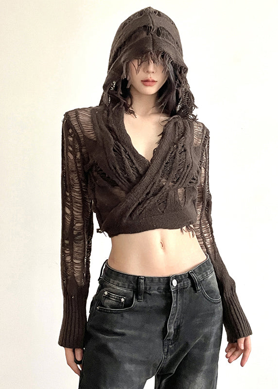 Novelty Coffee Tasseled Hollow Out Hooded Cross Strap Knitted Top