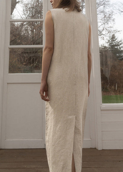 O Neck Pockets Simple Linen Long Dress Sleeveless
