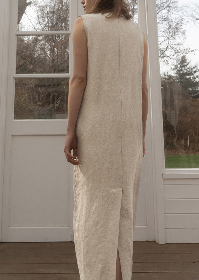 O Neck Pockets Simple Linen Long Dress Sleeveless