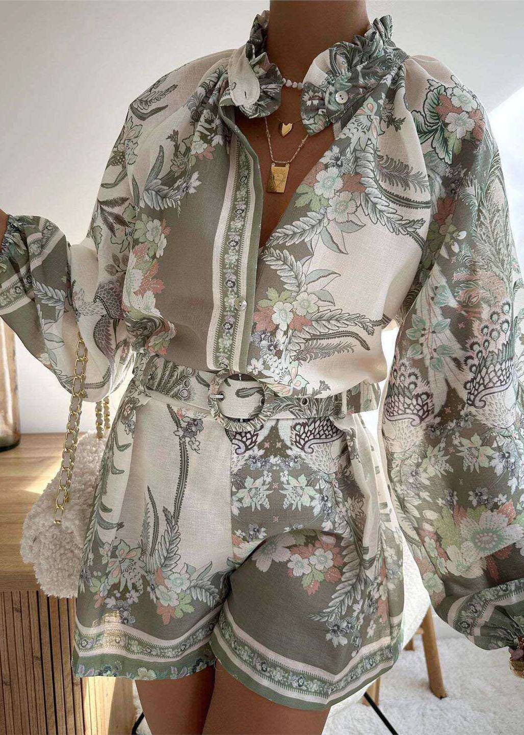 Pink Ruffled Print Top and Shorts Cotton Two Pieces Set Summer