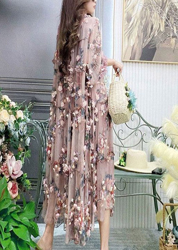 Modern Embroidered Ruffled Tulle Long Dress Lantern Sleeve