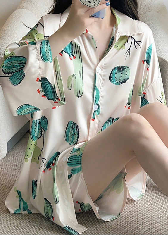 Beige Button Print Ice Silk Pajamas Two-piece Set Peter Pan Collar Spring