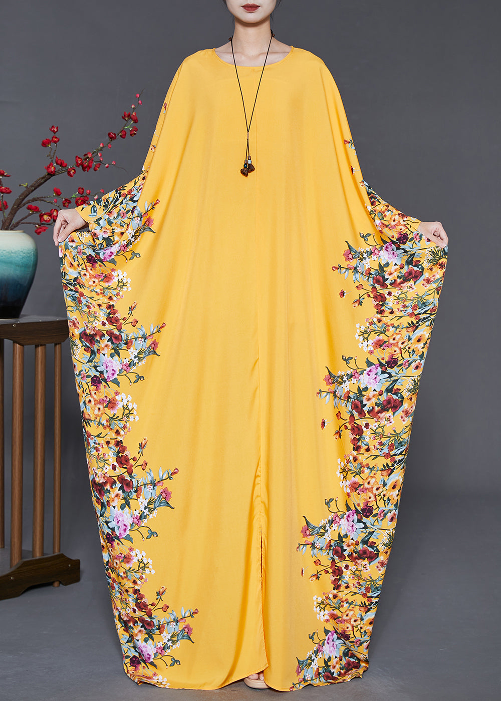 Yellow Oversized Print Chiffon Maxi Dress Summer