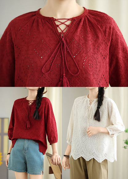 Red Oversized Hollow Out Cotton Shirt Top Summer