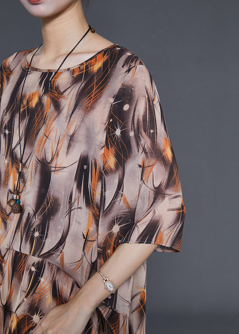 Khaki Oversized Print Chiffon Vacation Dresses Summer