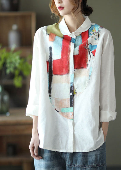 White Peter Pan Collar Print Linen Shirt Top Long Sleeve