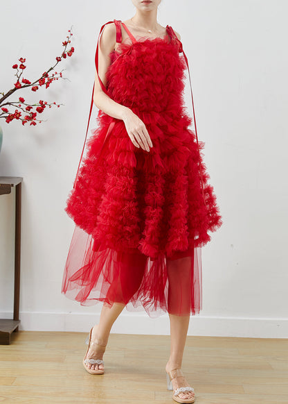 Red Ruffled Tulle Mini Dresses Summer