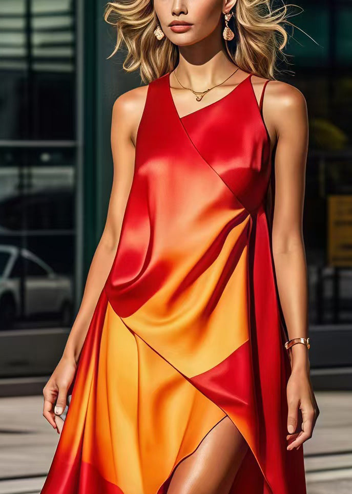 Gradient Color Asymmetrical Design Silk Long Dress Summer